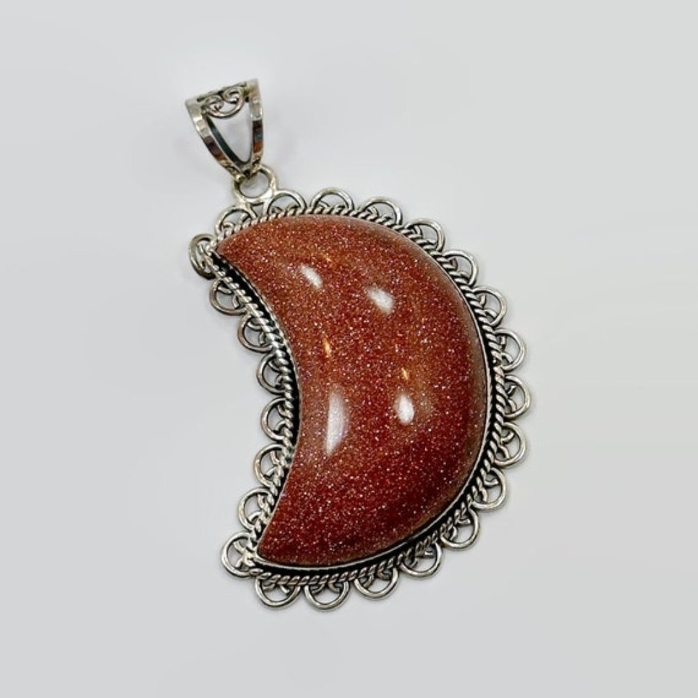 Goldstone Pendant, Moon Pendant, Sterling Silver, Crescent Moon, 2 1/3" Long